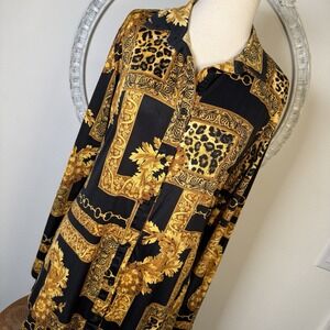 LaQueen Blouse Women Leopard Black Gold Button Up Top Shirt S Old Money Mob Wife